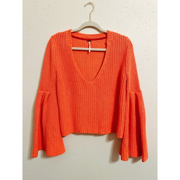 FREE PEOPLE Damsel Orange Bell Sleeve Fall Knit Sweater Size XS - Picture 5 of 10